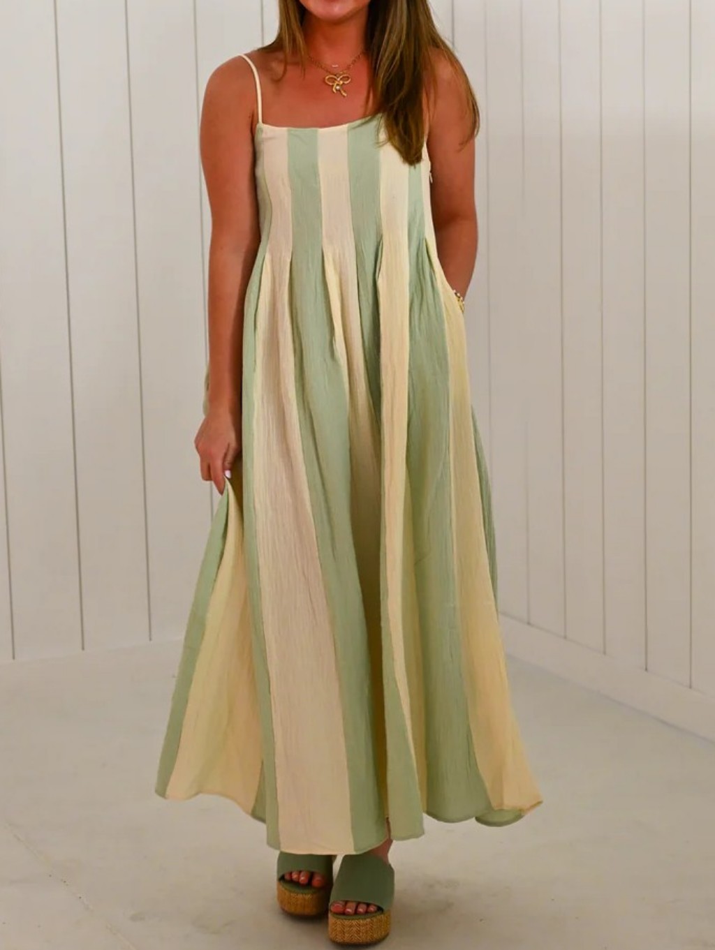 Anthropologie By Together Green And Cream Striped Maxi Dress